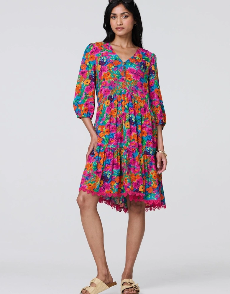 Floral 3/4 Sleeve Smock Dress