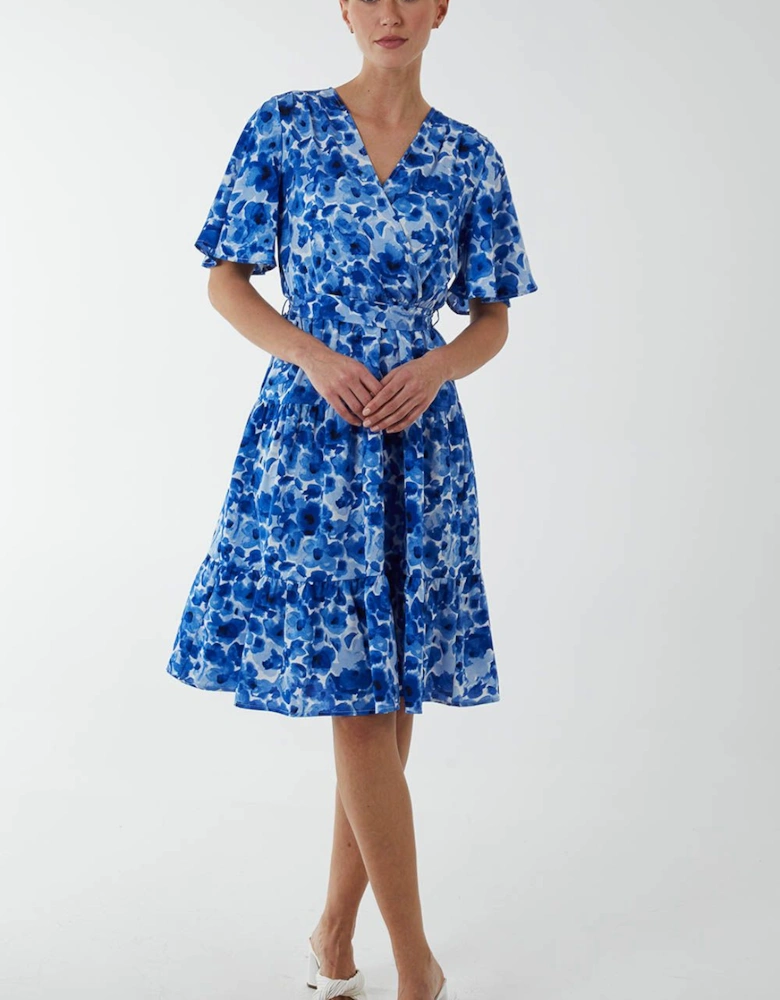 Wrap Front Tier Hem Angel Sleeve Dress
