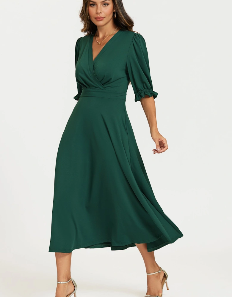 Half Sleeves Jersey Midi Dress with Wrap Neckline In Green