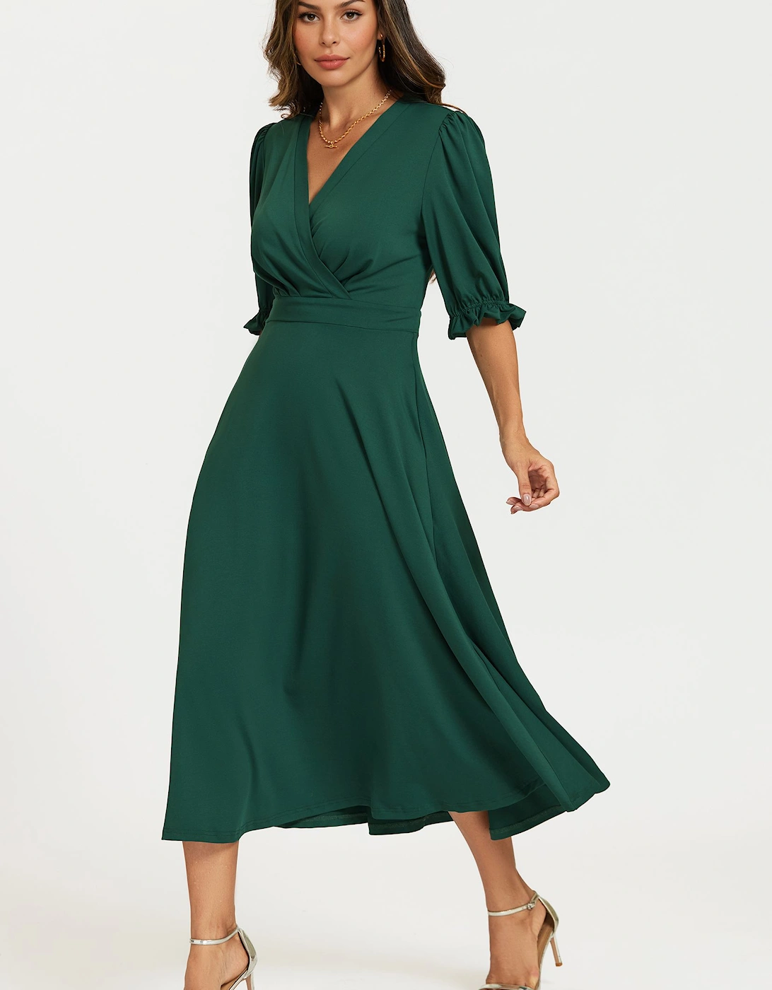 Half Sleeves Jersey Midi Dress with Wrap Neckline In Green, 2 of 1