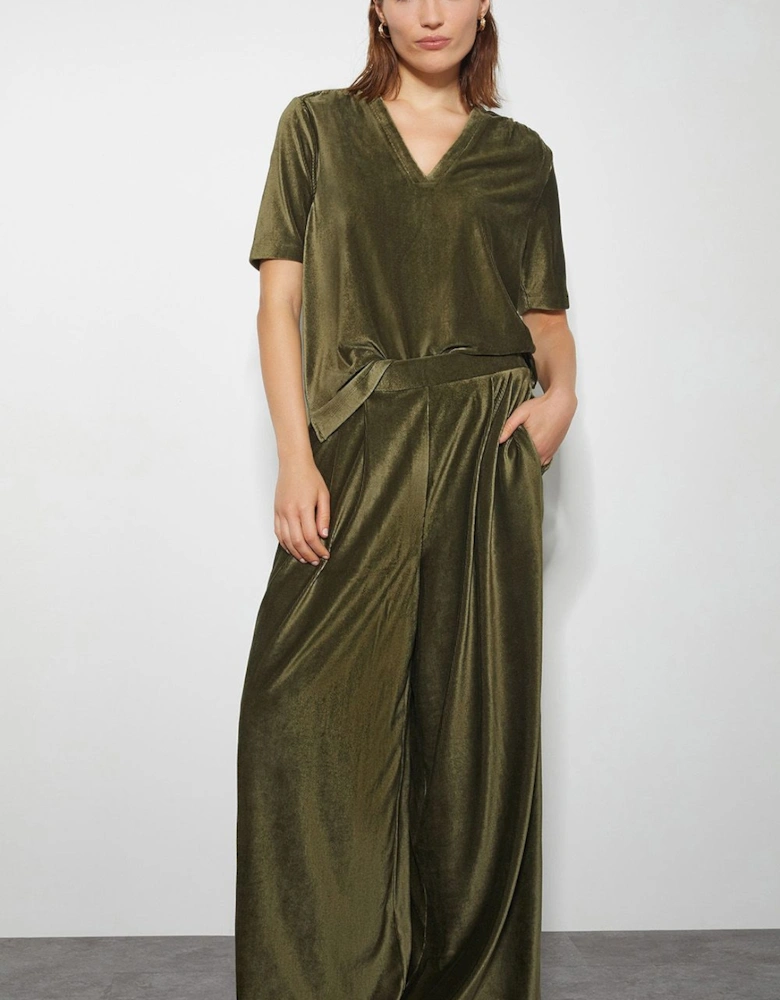 Shay Rib Velour Wide Leg Trousers Green
