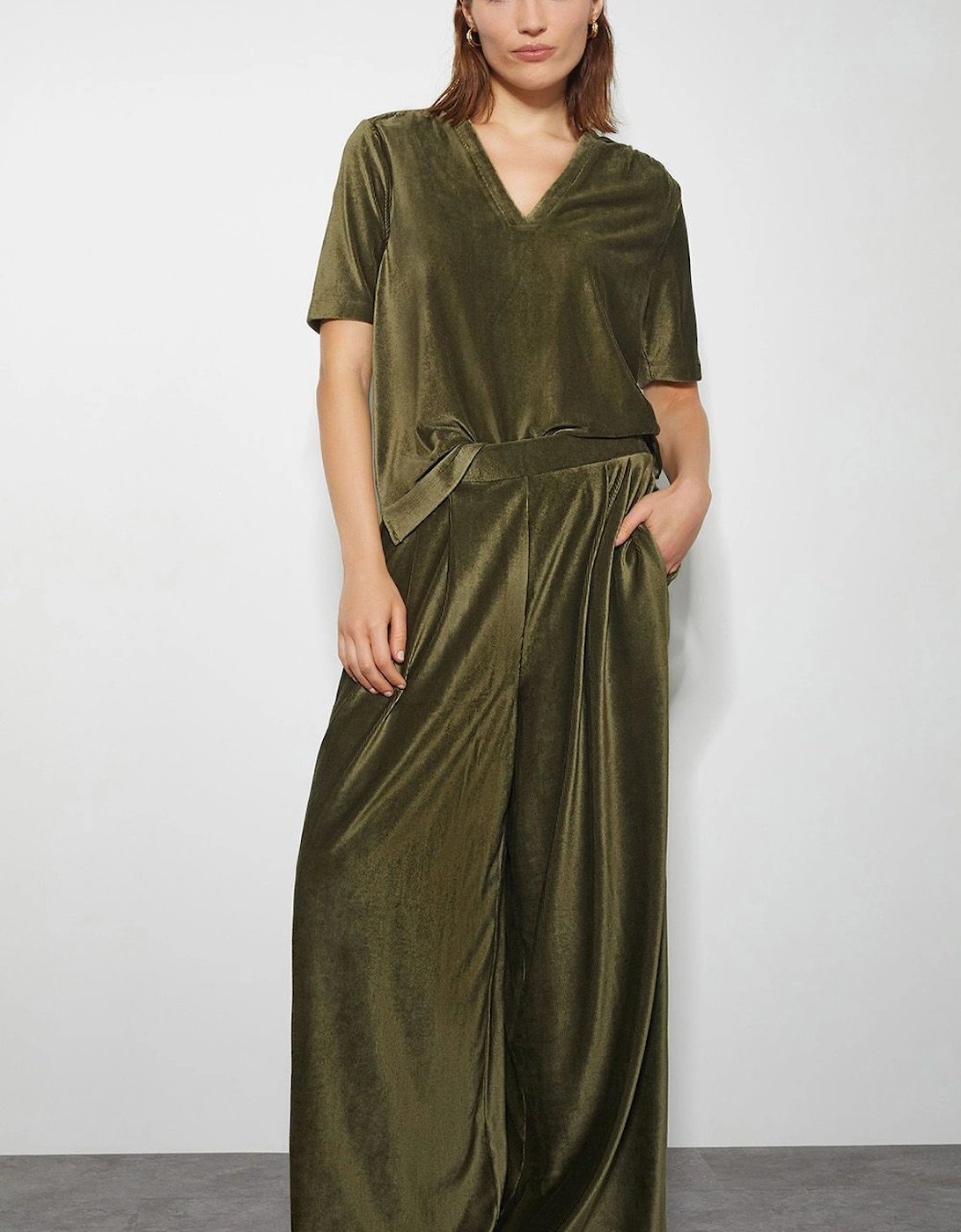 Shay Rib Velour Wide Leg Trousers Green, 2 of 1