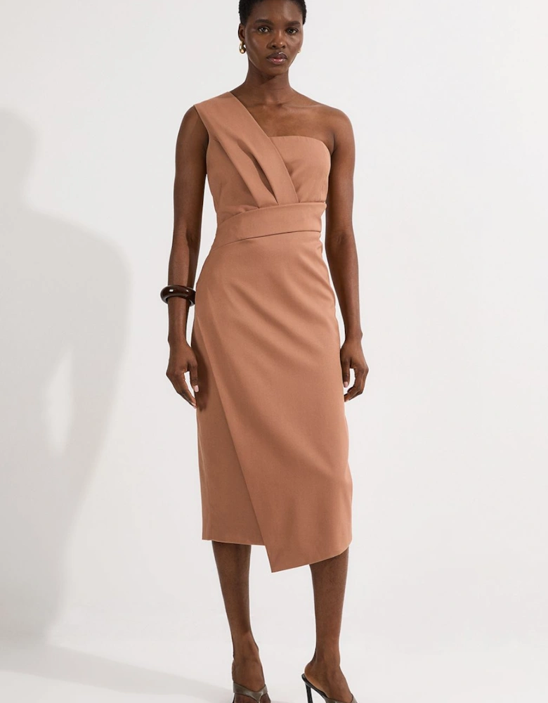Tailored One Shoulder Tuck Detail Pencil Midi Dress