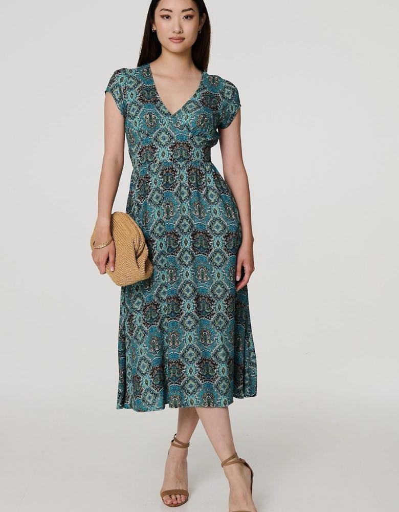 Printed V-Neck Cap Sleeve Midi Dress