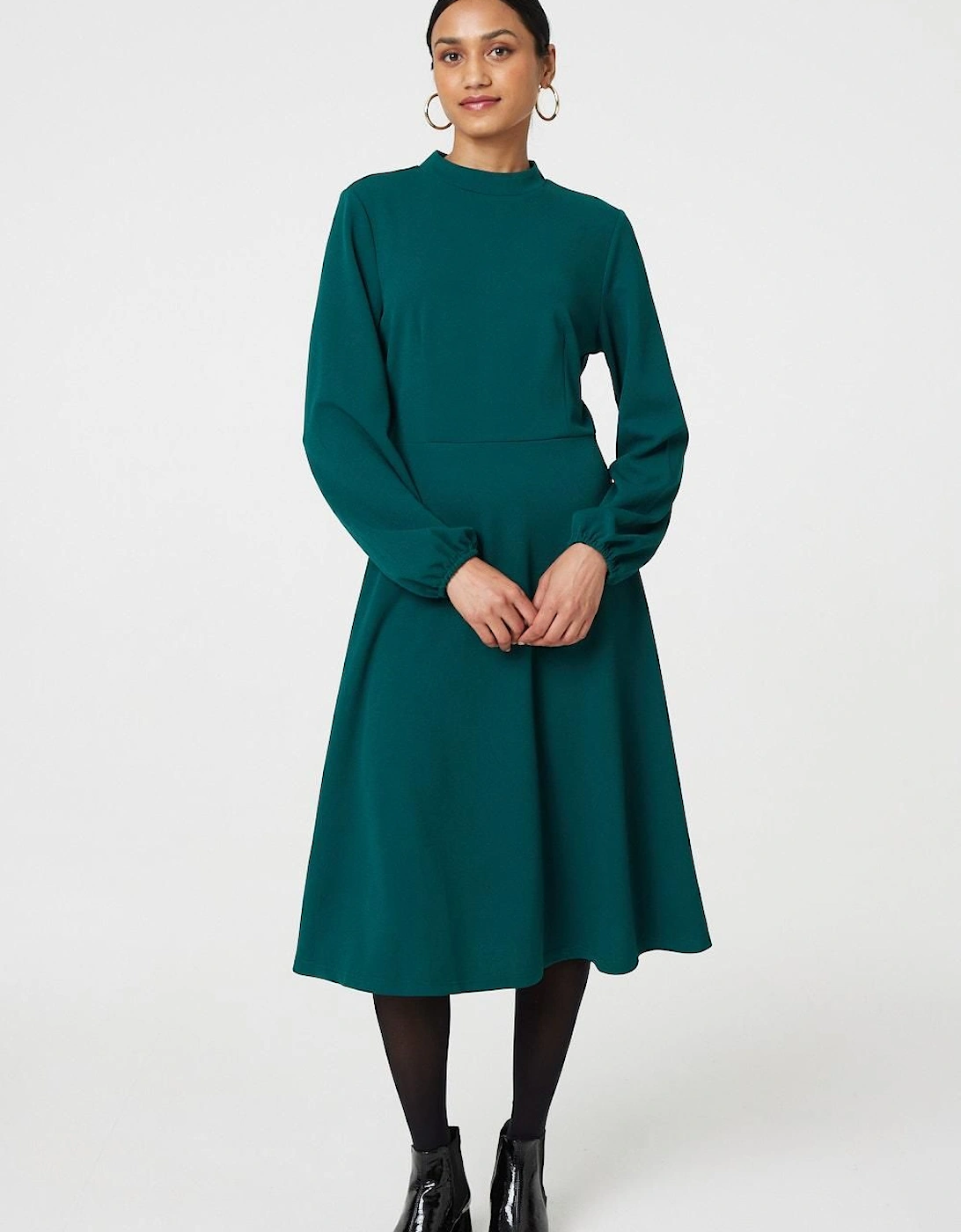 High Neck Long Sleeve A-Line Midi Dress, 2 of 1