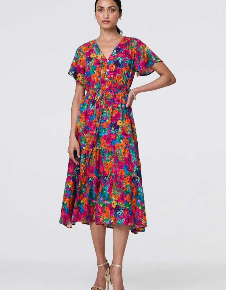 Floral Short Sleeve Tie Waist Dress