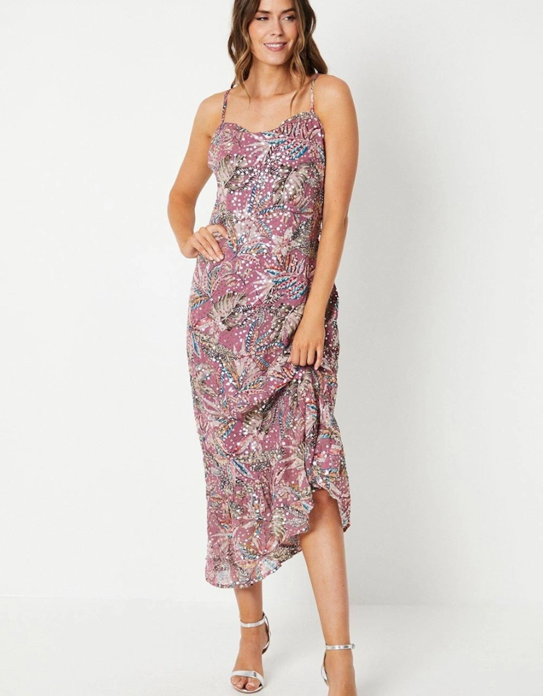 Palm Print Cowl Neck Midi Dress