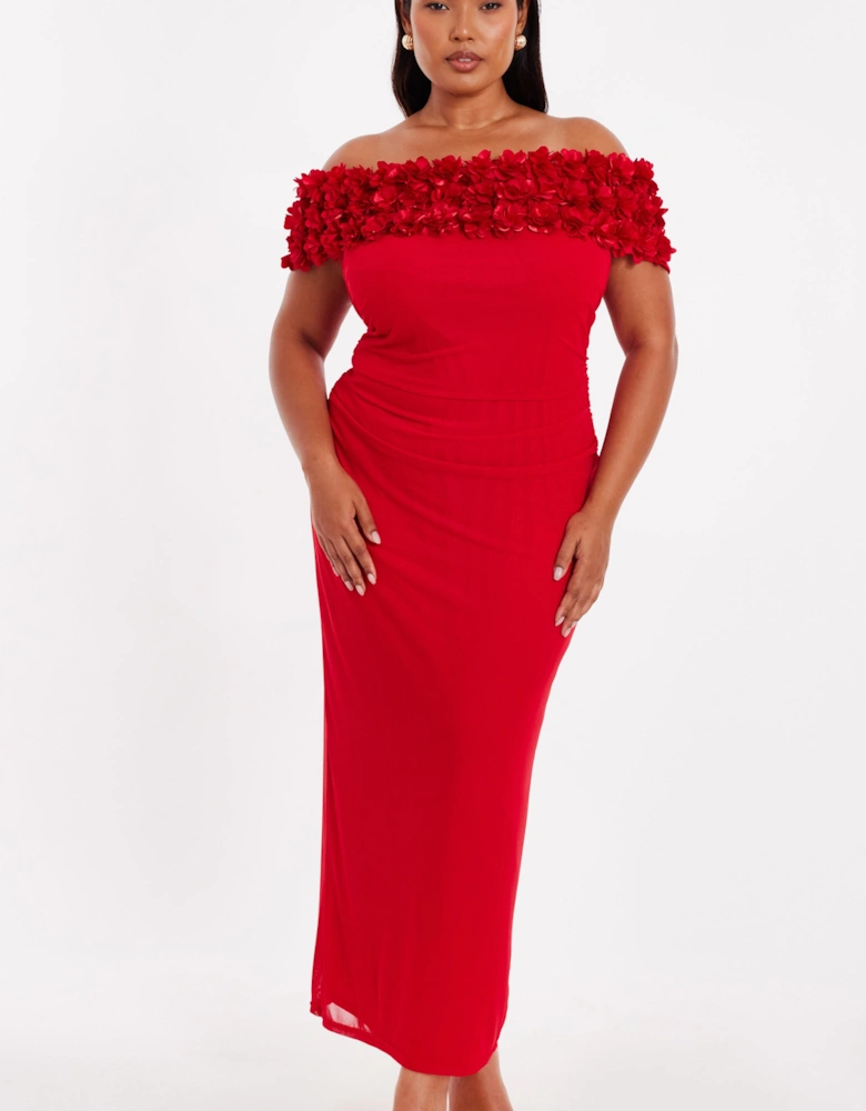 Red Curve Floral Bardot Midaxi Dress