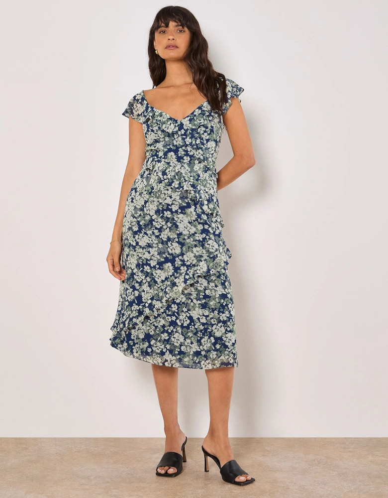 Floral Asymmetric Ruffle Midaxi Dress