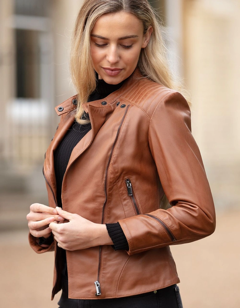Veg Tanned Biker Jacket With Double Button Mandarin Collar