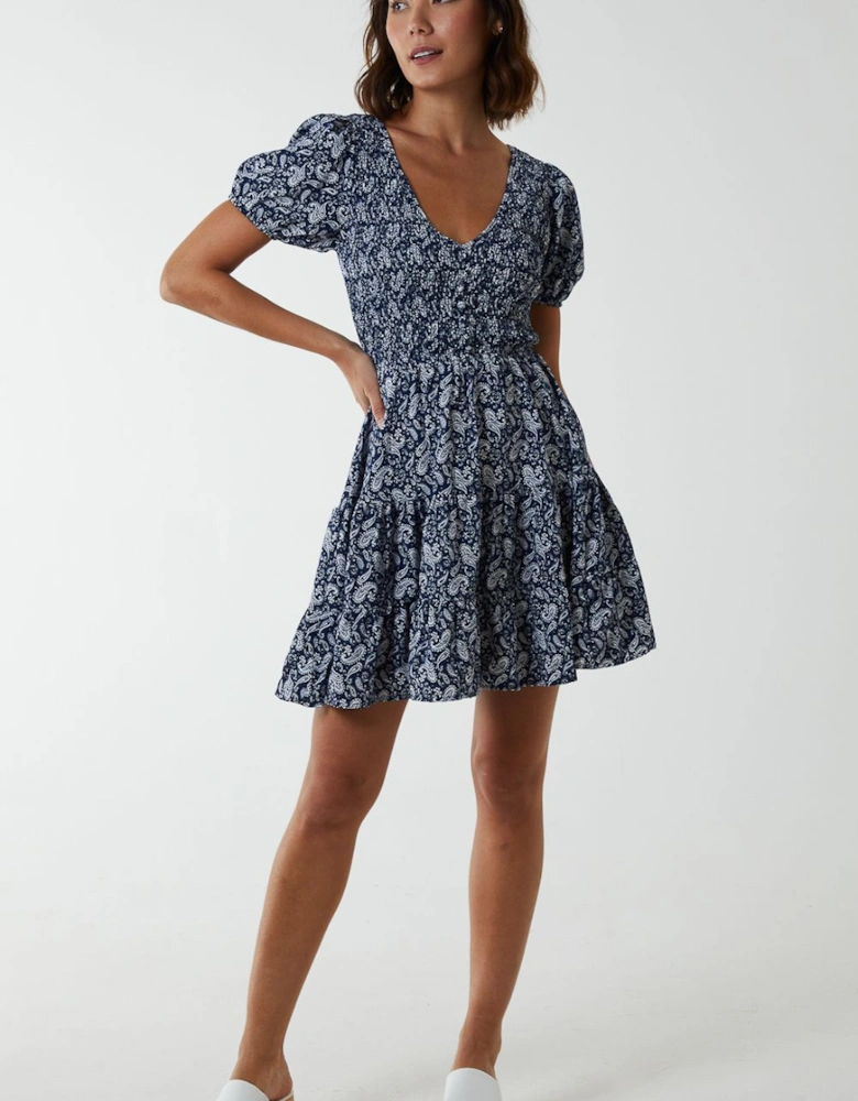 Shirred Bust Mini Dress With Puff Sleeve