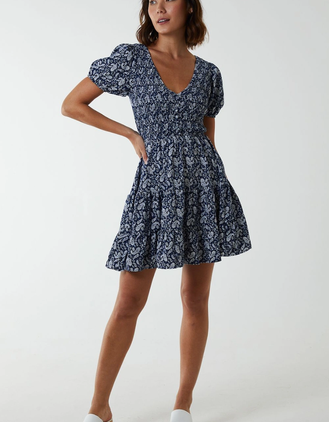 Shirred Bust Mini Dress With Puff Sleeve, 2 of 1