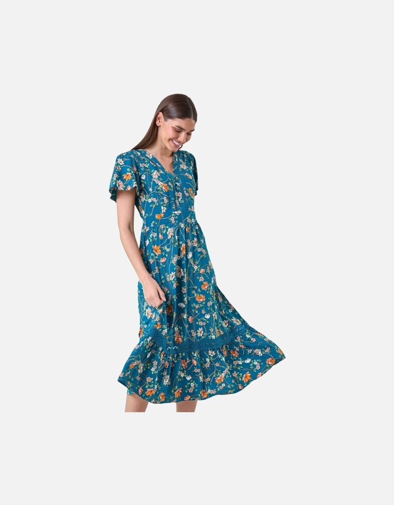 Floral Lace Trim Pocket Midi Dress