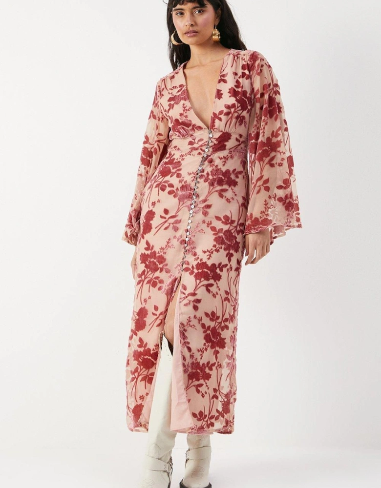 Velvet Plunge Neck Flared Sleeve Button Through Midi Dress