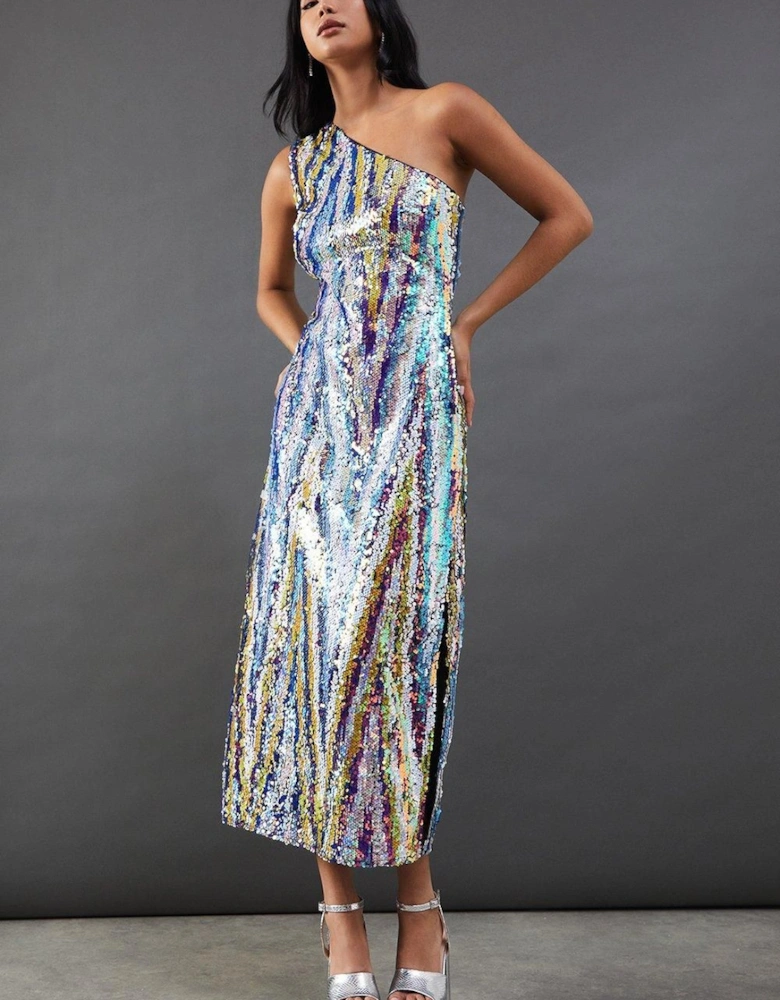 Sequin One Shoulder Midi Dress