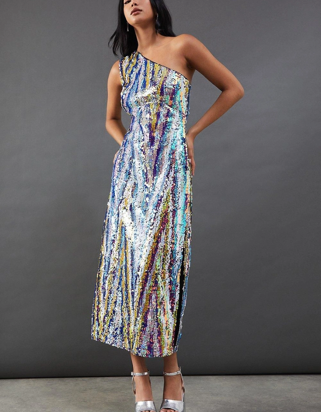 Sequin One Shoulder Midi Dress, 2 of 1