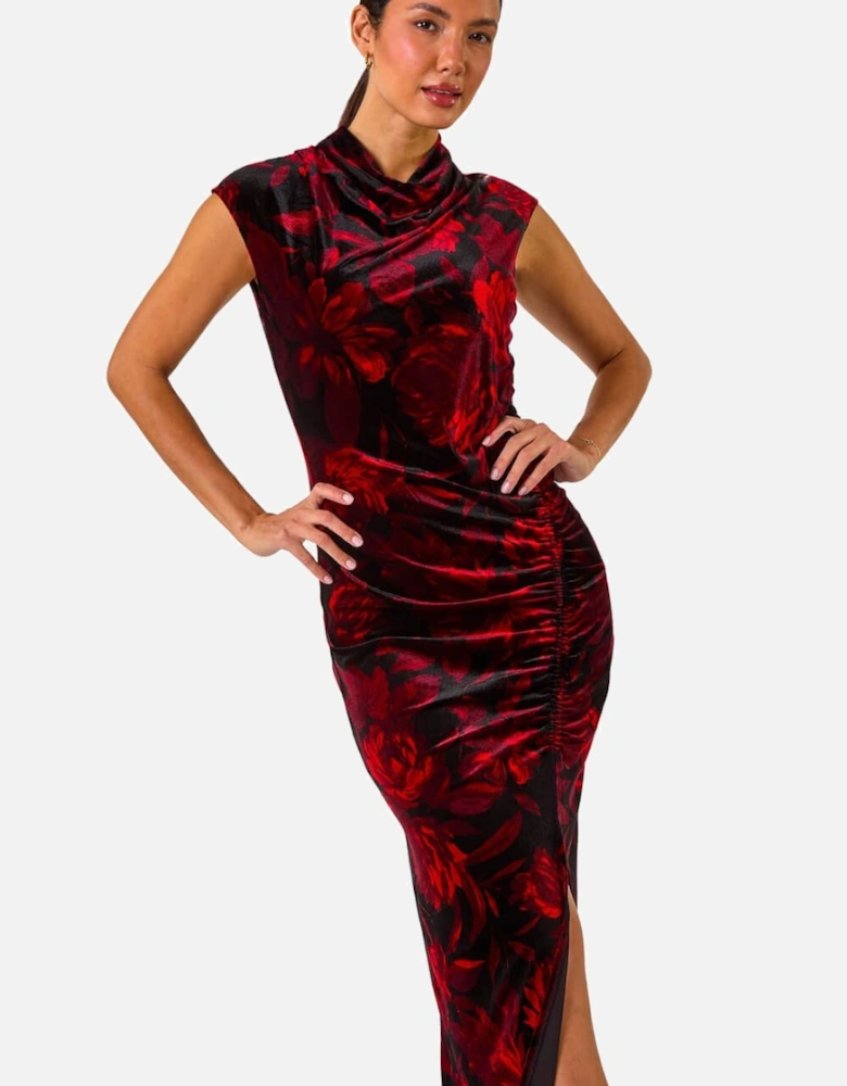 Velvet Rose Print Side Ruched Midi Dress
