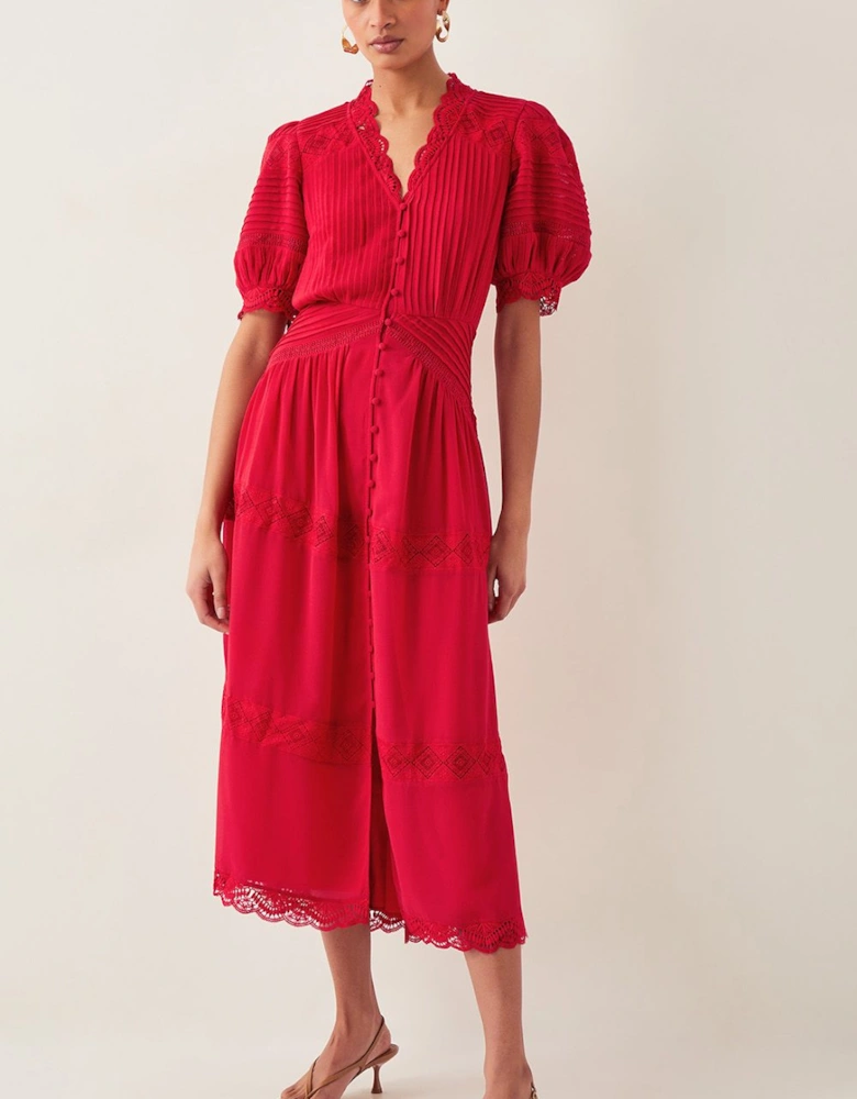 Kiana Pintuck Puff-Sleeve Midi Dress Red