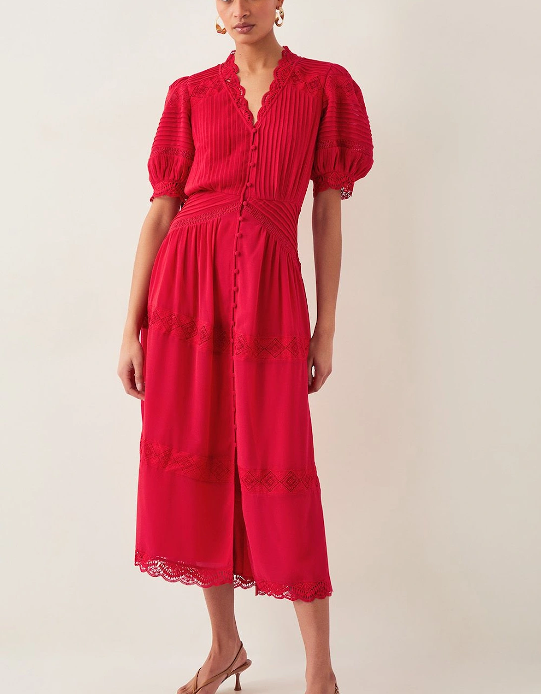 Kiana Pintuck Puff-Sleeve Midi Dress Red, 2 of 1