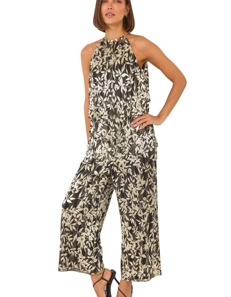 Abstract Foil Print Plisse Jumpsuit