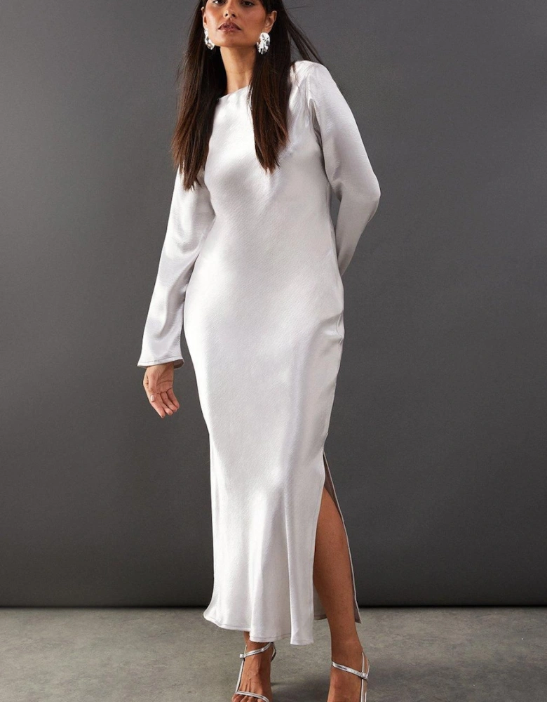 High Shine Metallic Satin Column Midi Dress