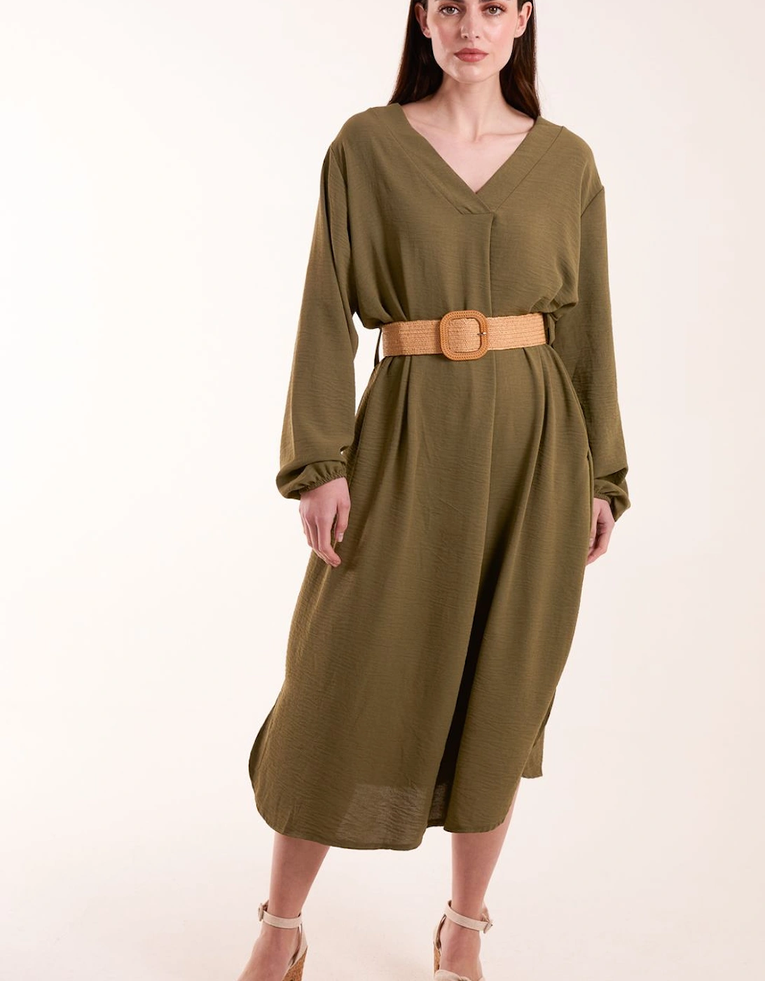 V Neck Long Sleeve Dress With Belt, 2 of 1