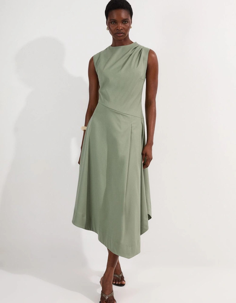 Tailored Drapey Bodice Asymmetric Midi Dress
