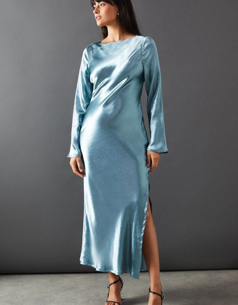 High Shine Metallic Satin Column Midi Dress
