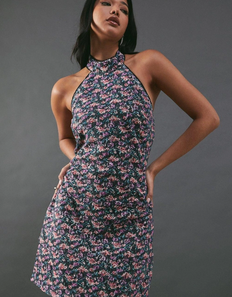 Print Sequin Lace High Neck Halter Mini Dress