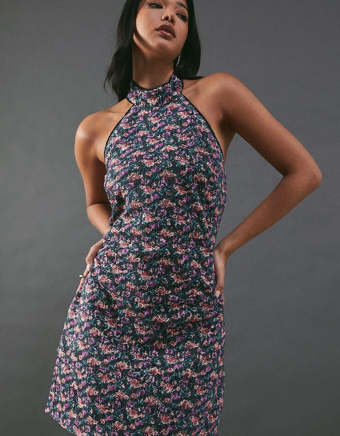 Print Sequin Lace High Neck Halter Mini Dress, 2 of 1