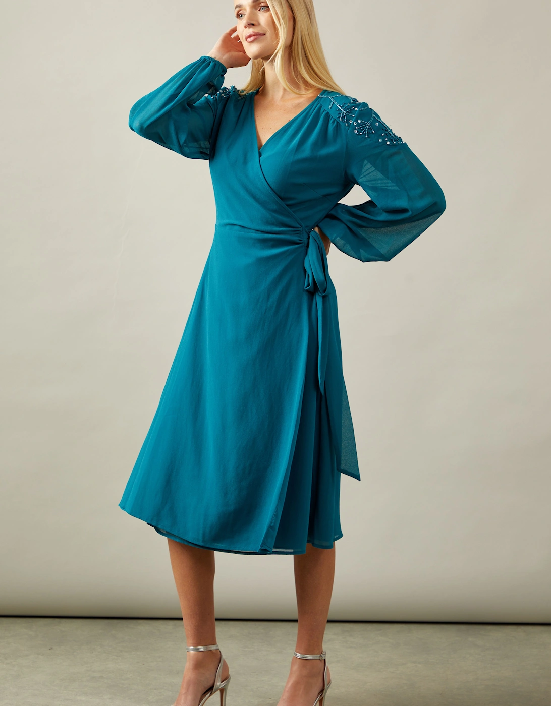 Petite Occasion Embellished Sequin Shoulder Wrap Midi Dress, 2 of 1