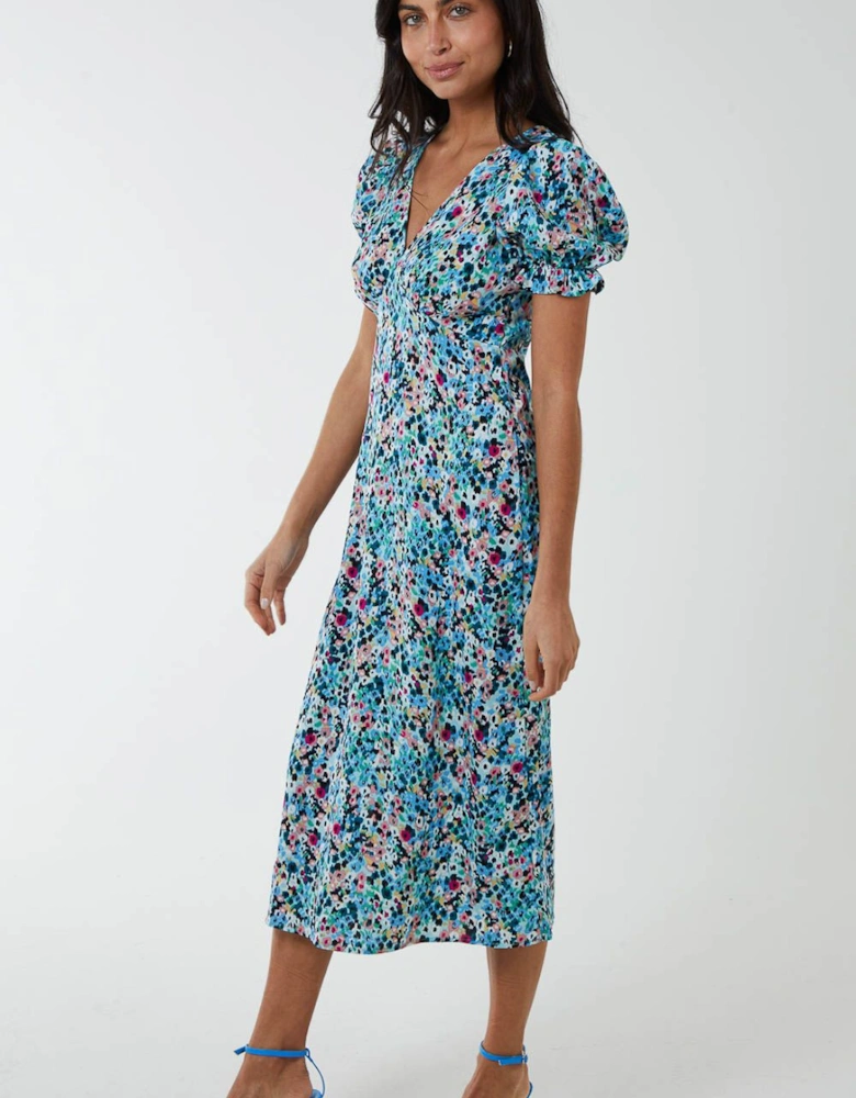 Frill Puff Sleeve Midi Dress