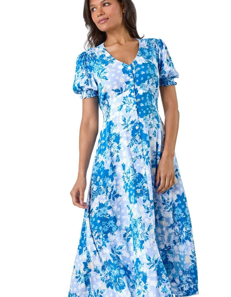 Button Through Floral Shirred Midi Dress