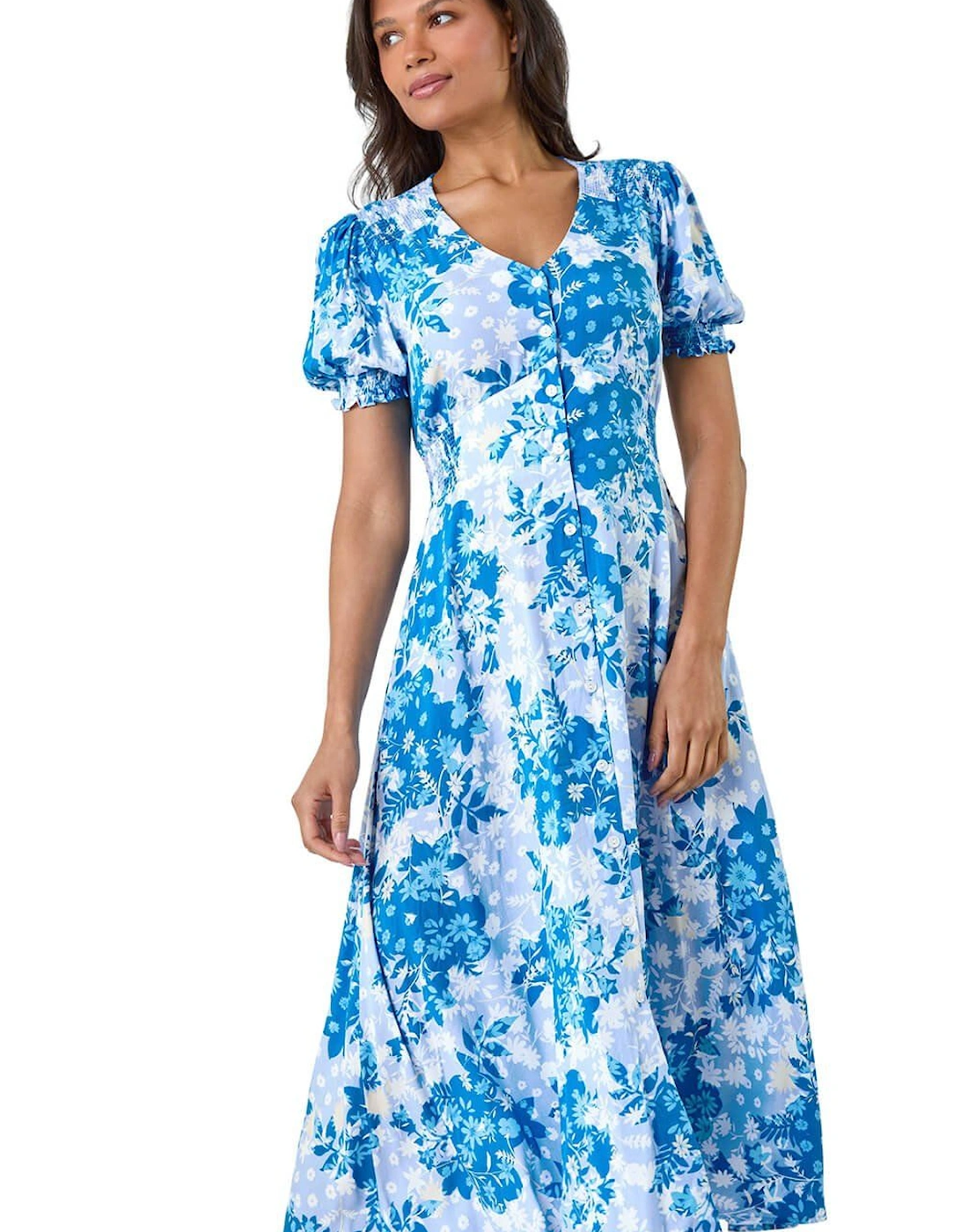 Button Through Floral Shirred Midi Dress, 2 of 1