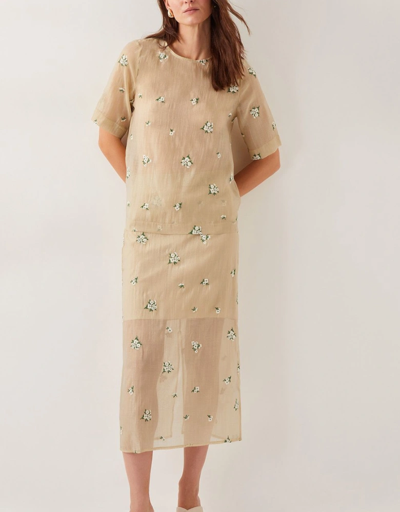 Sacha Embroidered Midi Skirt Gold