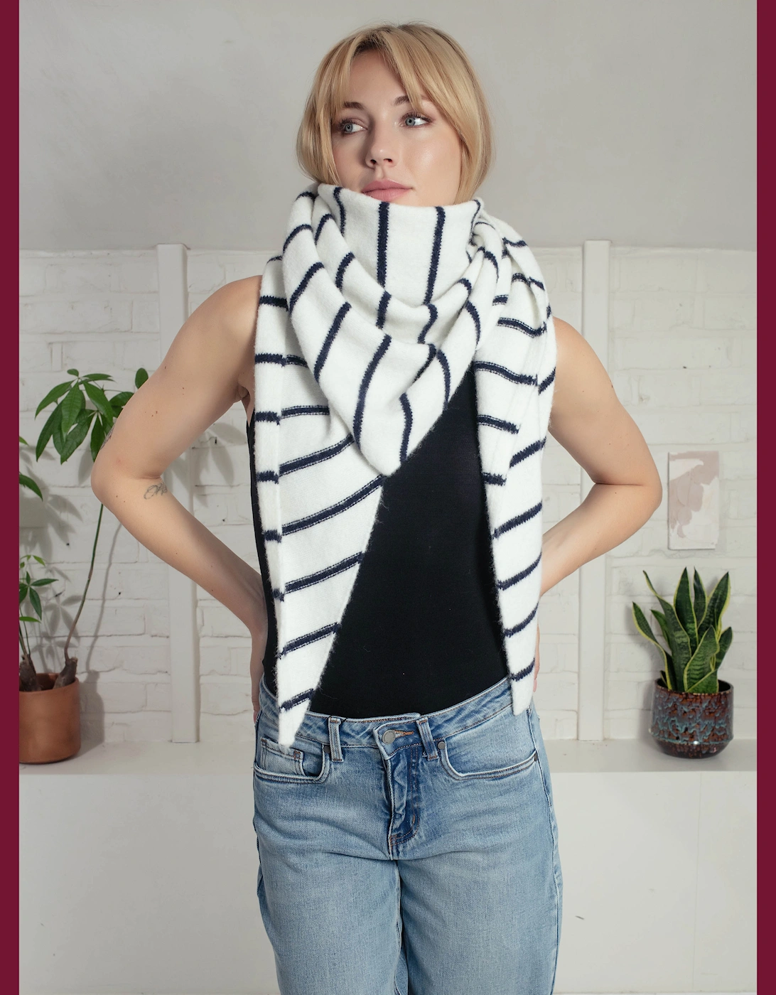 Edwina Knitted Triangle Scarf - Navy Stripe