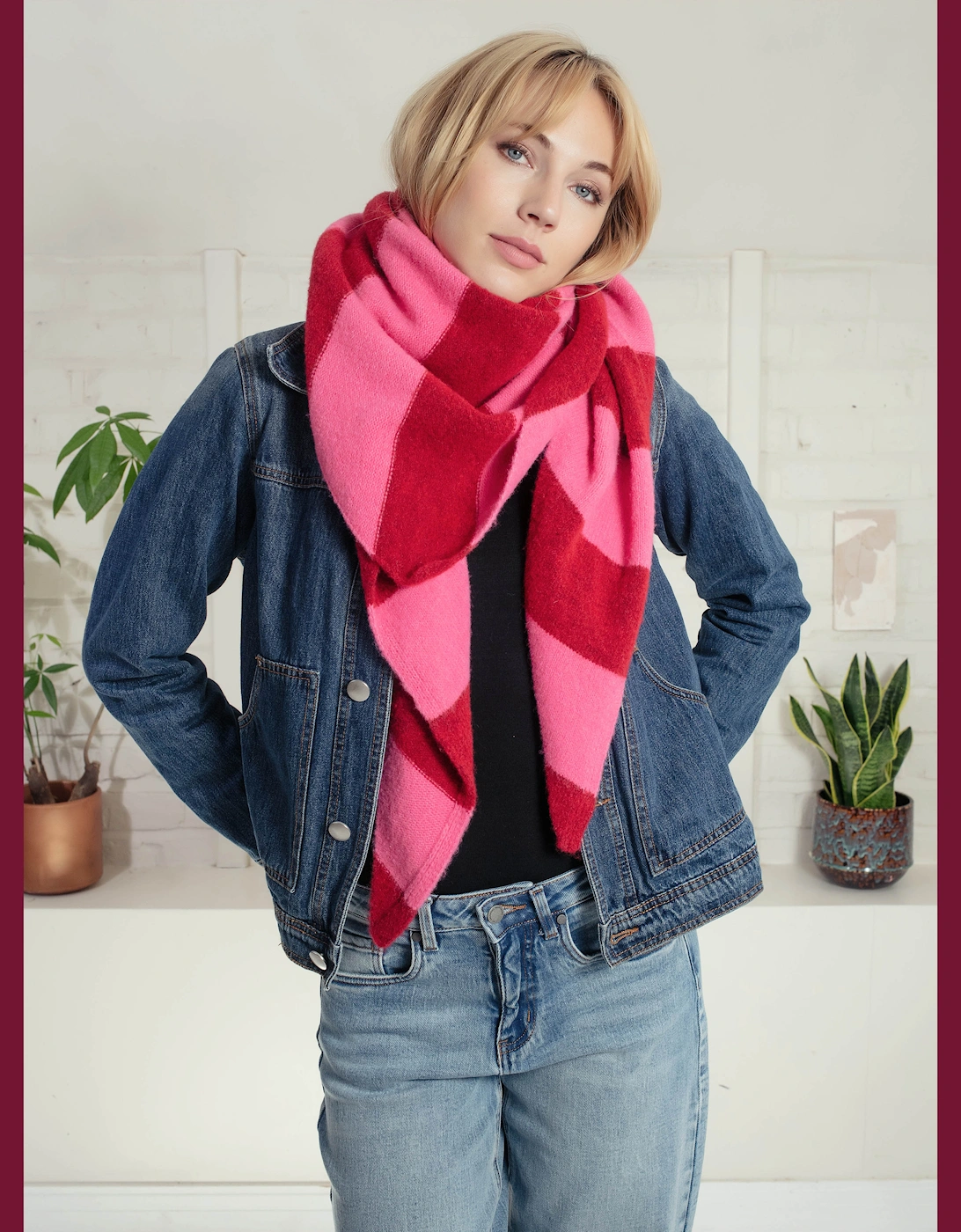 Edwina Knitted Triangle Scarf - Pink Stripe