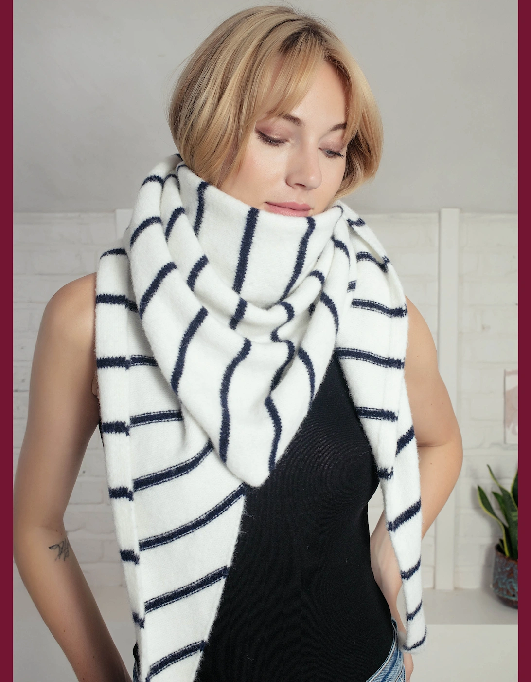 Edwina Knitted Triangle Scarf - Navy Stripe, 3 of 2