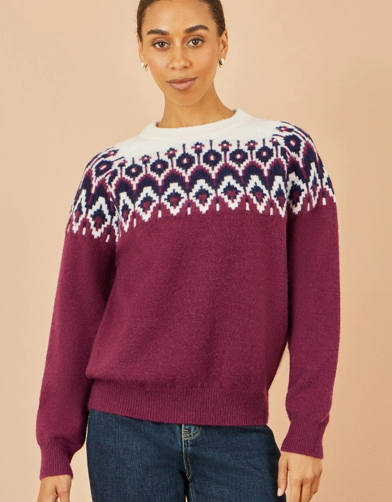 Burgundy Fair isle Relaxed Fit Knitted Jumper