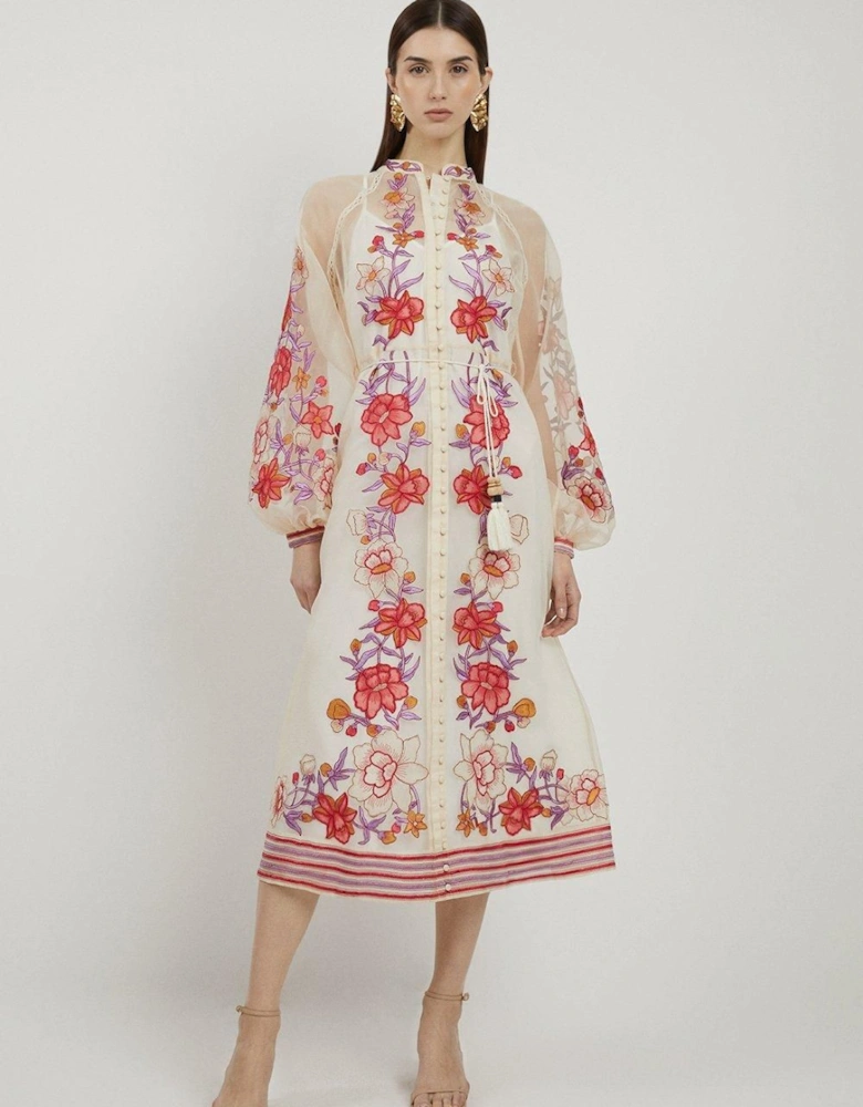 Floral Placed Embroidery Organdie Woven Midi Dress