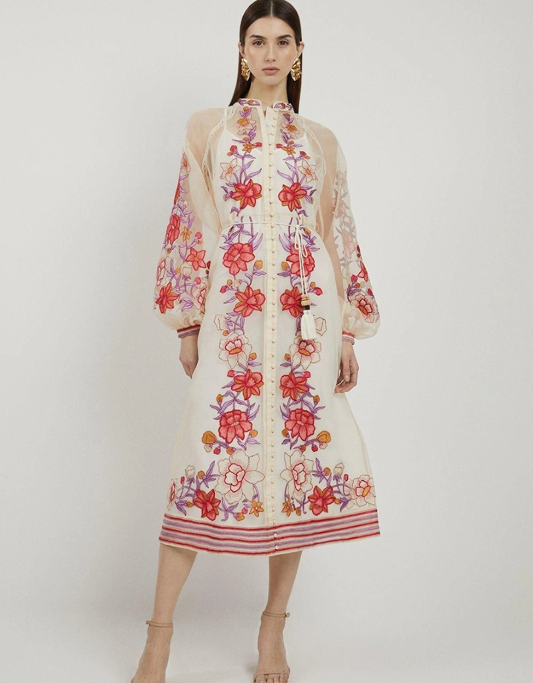 Floral Placed Embroidery Organdie Woven Midi Dress, 2 of 1