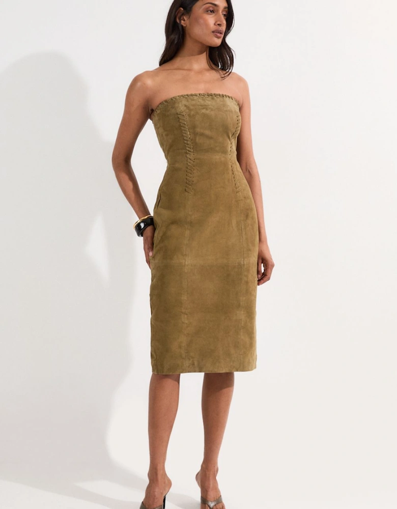 Suede Whipstitch Detail Bandeau Midi Dress