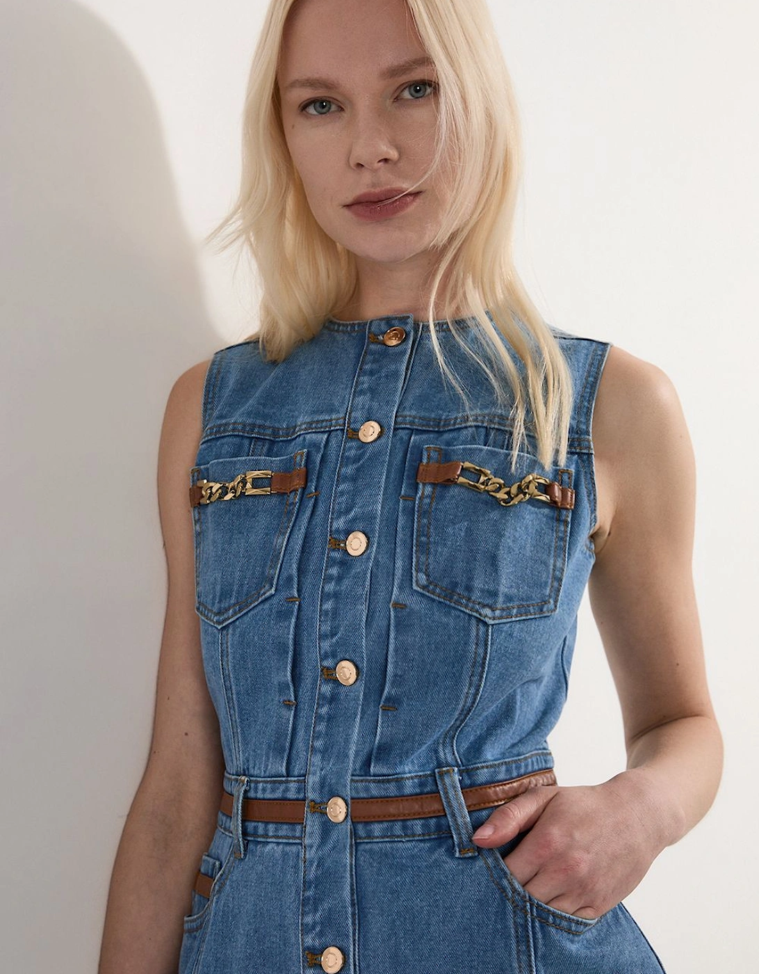 Petite Denim & Faux Leather Tipping Sleeveless Midi Dress, 2 of 1