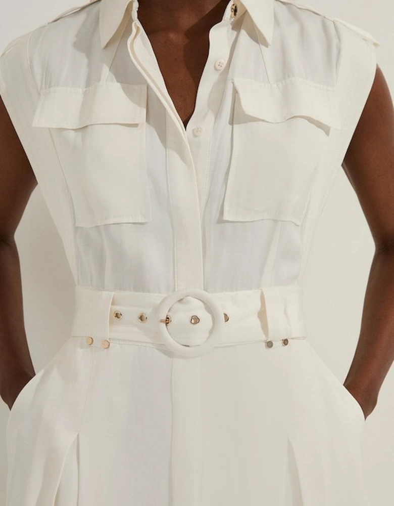 Petite Premium Viscose Linen Woven Sleeveless Shirt Dress With Belt