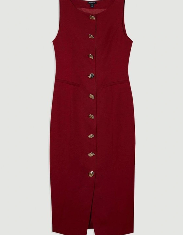 Viscose Linen Tailored Statement Button Front Pencil Midi Dress