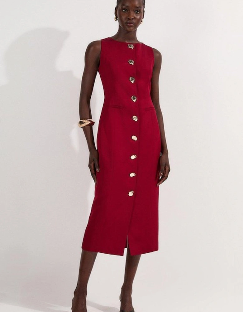 Viscose Linen Tailored Statement Button Front Pencil Midi Dress