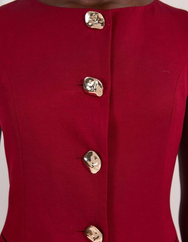 Viscose Linen Tailored Statement Button Front Pencil Midi Dress