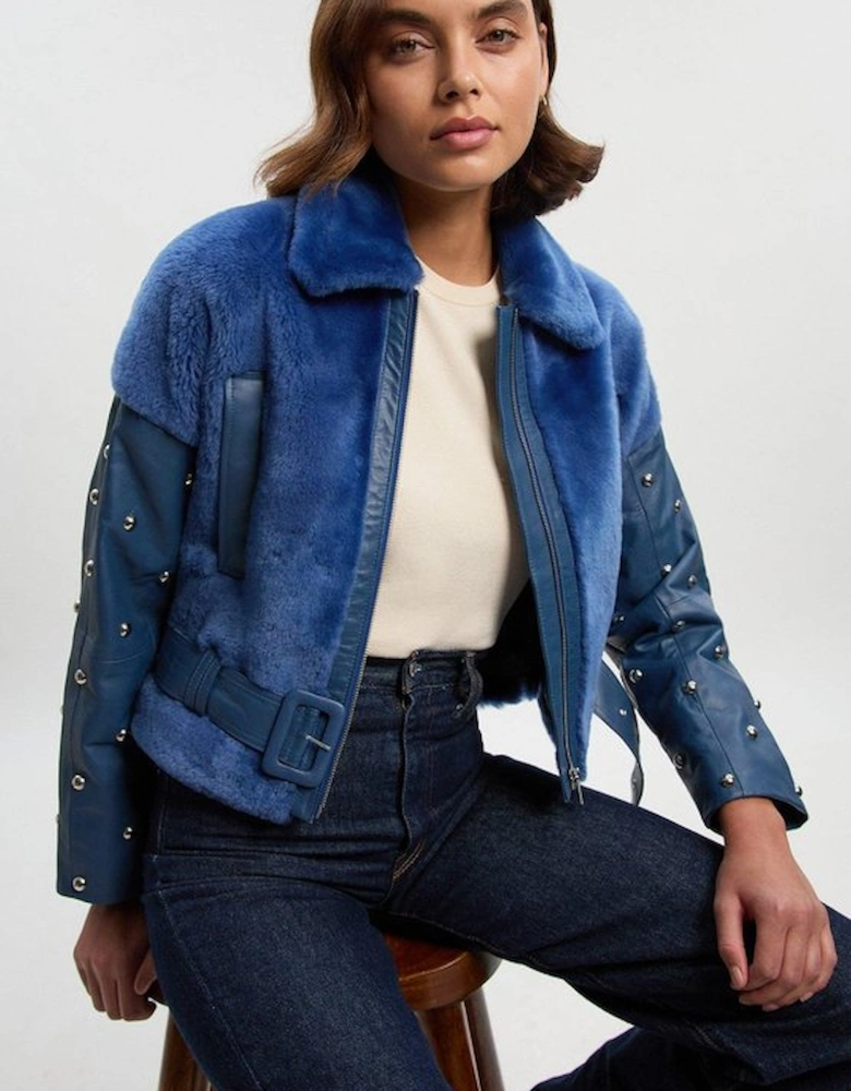 Shearling & Leather Mix Studded Biker Jacket