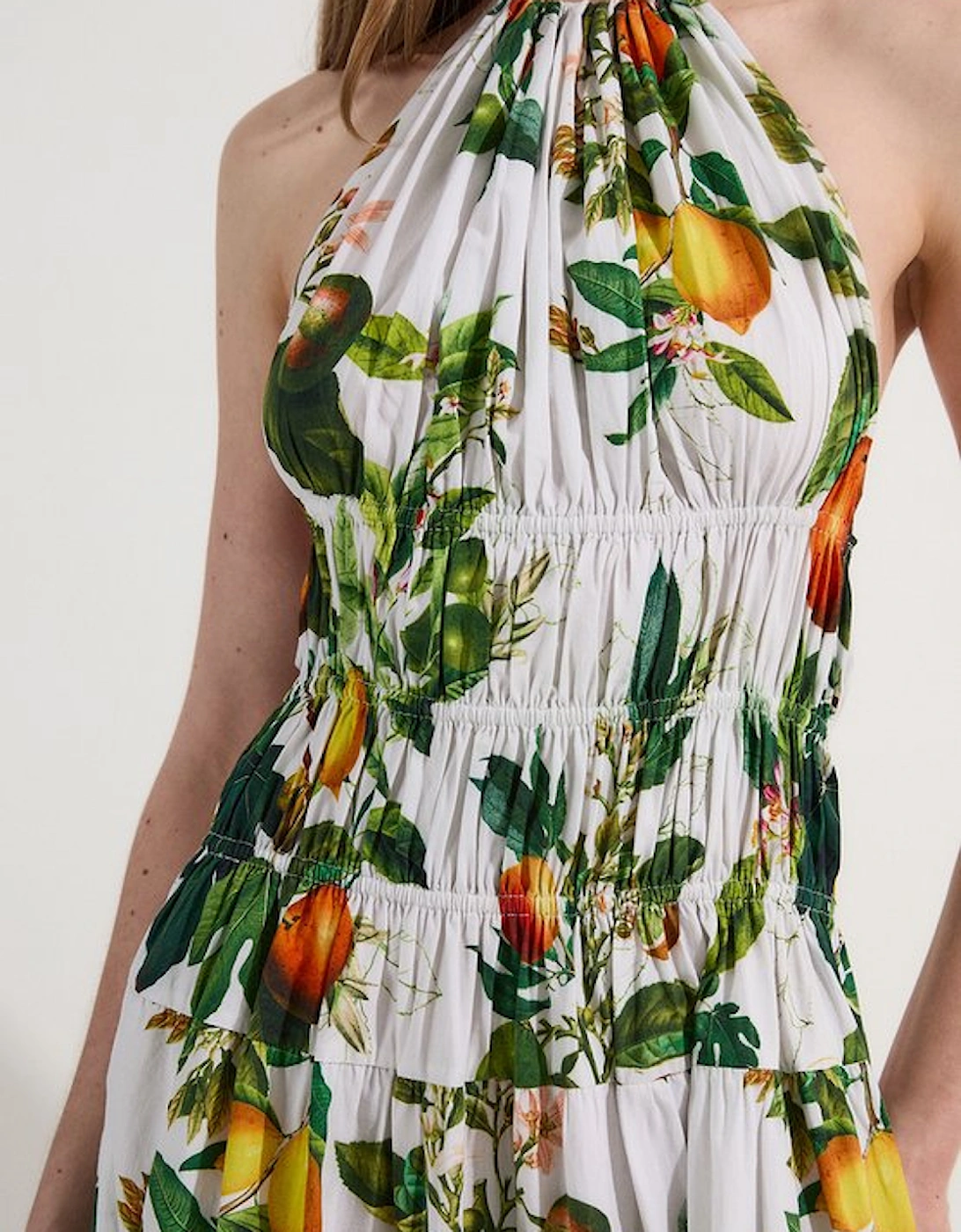 Petite Shirred Cotton Tiered Fruit Print Halter Neck Woven Maxi Dress