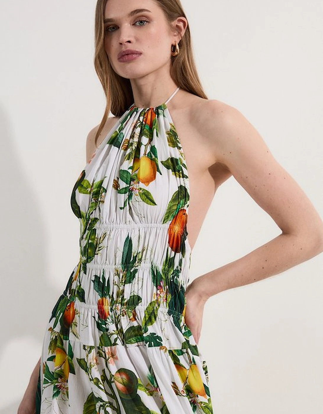 Petite Shirred Cotton Tiered Fruit Print Halter Neck Woven Maxi Dress